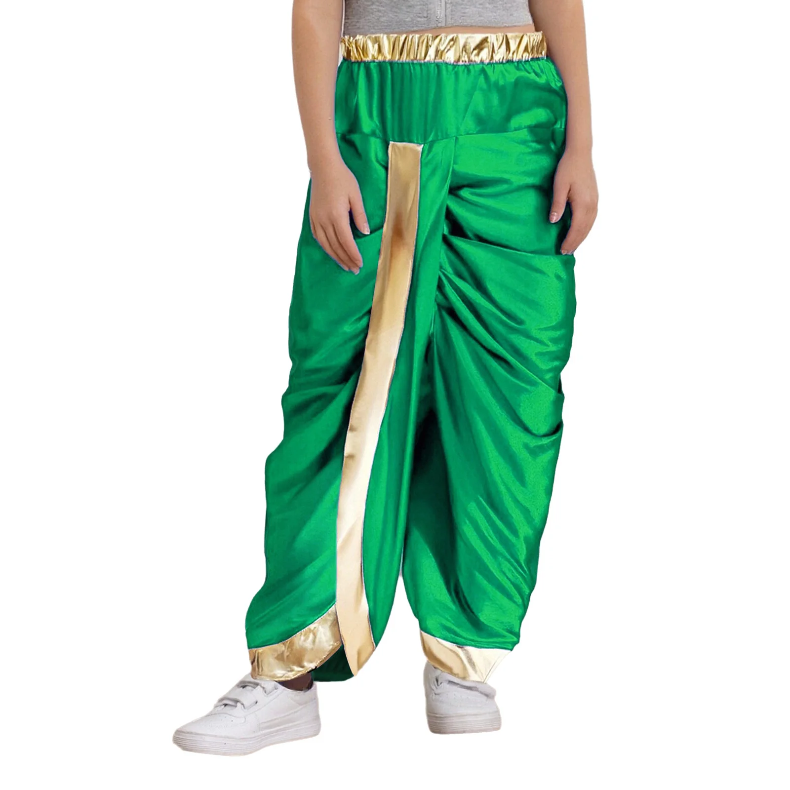 

Boys Arabian Prince Dhoti Pants Indian Traditional Costume Shiny Elastic Waistband Draped Baggy Trousers for Halloween Festival