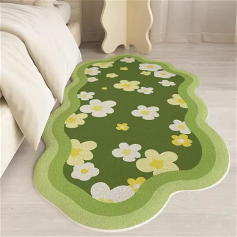 VIKAMA Green Bedroom Rug Fluffy Bedside Carpet Spring Floral and Moss Soft Cute Area Rugs for Bedroom Hallway Home Decoration