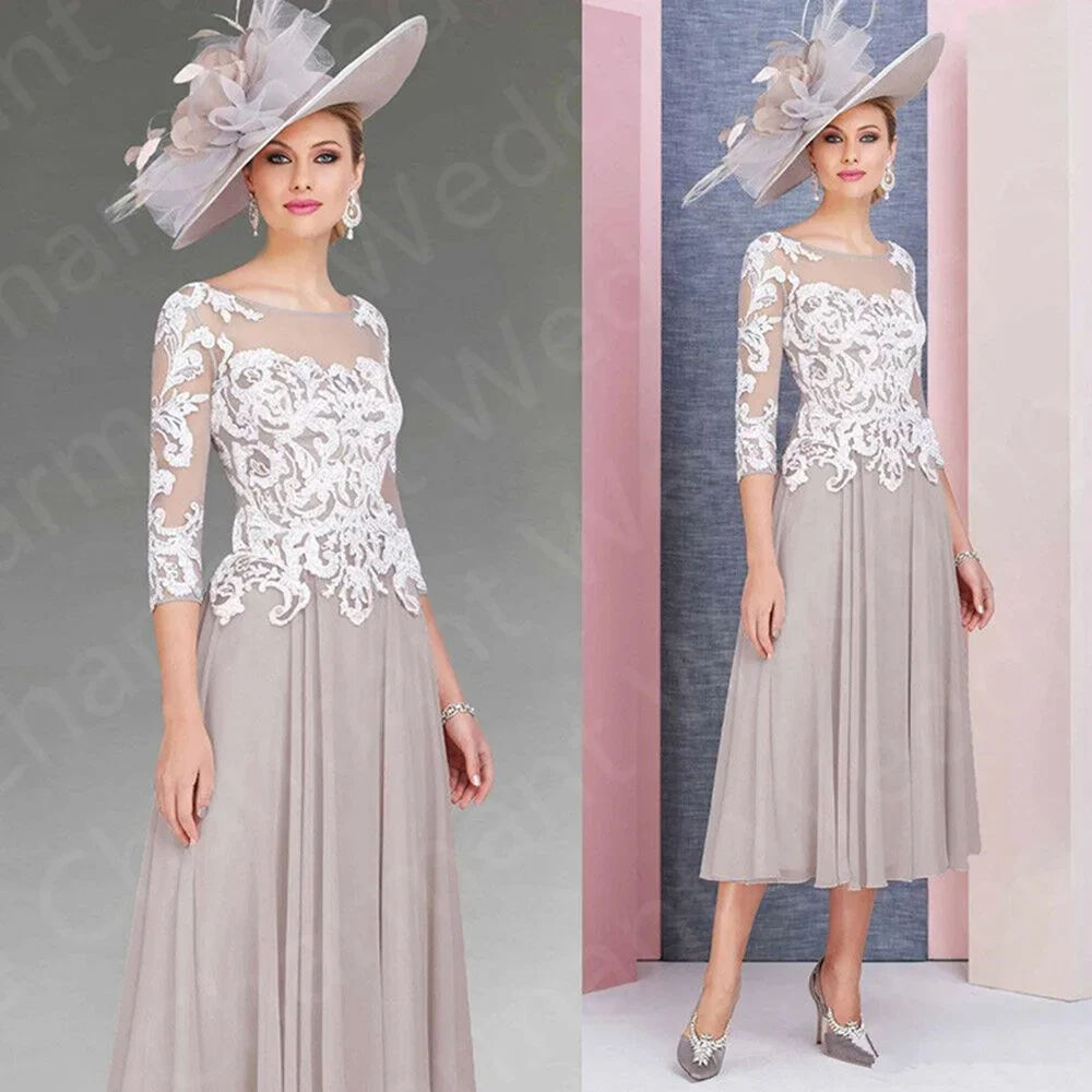 

2023 Classic On Sale Silver Mother of the Bride Dresses Tea Length Lace 3/4 Sleeves Wedding Guest Gowns Appliqued