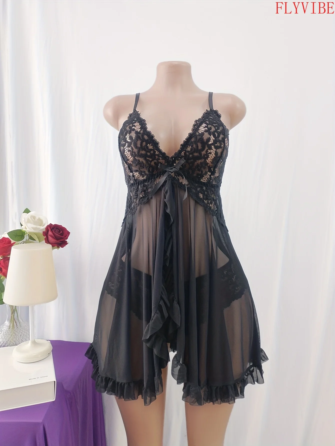 Women 2Pcs New Western Plus Size Lingerie Set Lace Patchwork Camisole Triangle Panties Sexy Side Slit Intimate Underwear Bedroom Nightwear