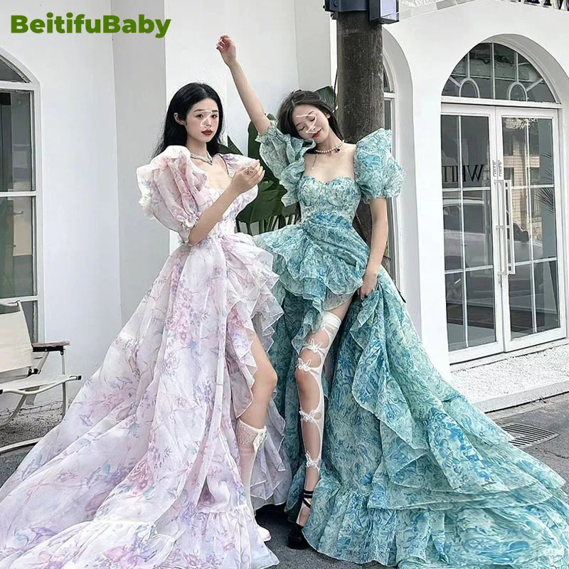 BeitifuBaby Retro Party Dresses Women Evening Princess Style Fragmented Flower Tail Square Neck Bubble Sleeve Dress Vestidos