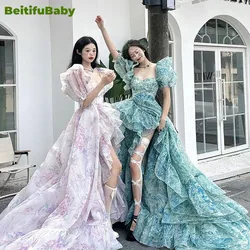 BeitifuBaby Retro Party Dresses Women Evening Princess Style Fragmented Flower Tail Square Neck Bubble Sleeve Dress Vestidos