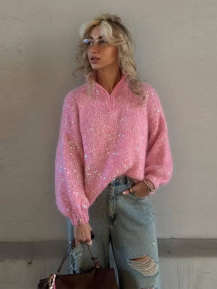 

Paillette Women's Knit Sweater Casual Zipper Stand Collar Long Sleeve Loose Female Pullover 2026 Spring Fashion Lady Knitwear