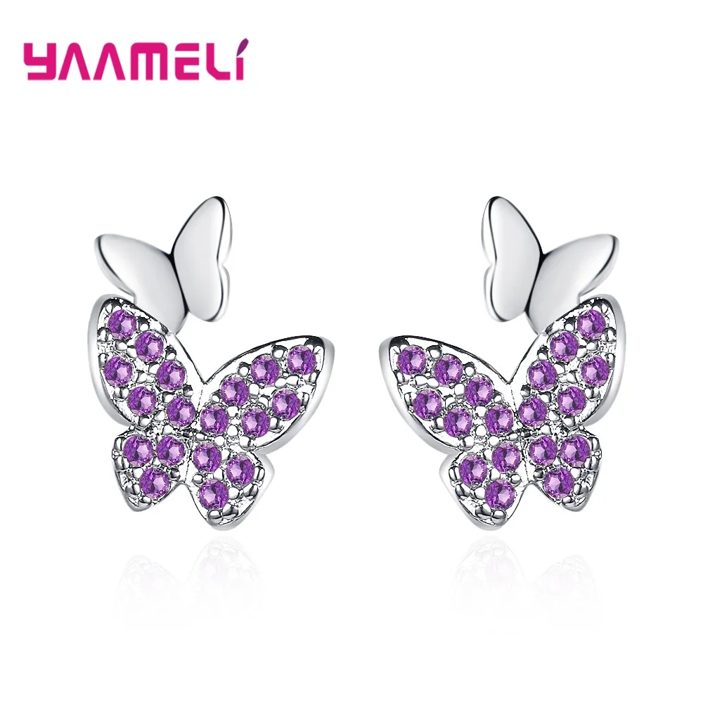 925 Sterling Silver Stud Earrings New Fashion Amethyst Purple Cubic Zircon Butterfly Ear Brinco Pendientes Wedding Party Jewelry