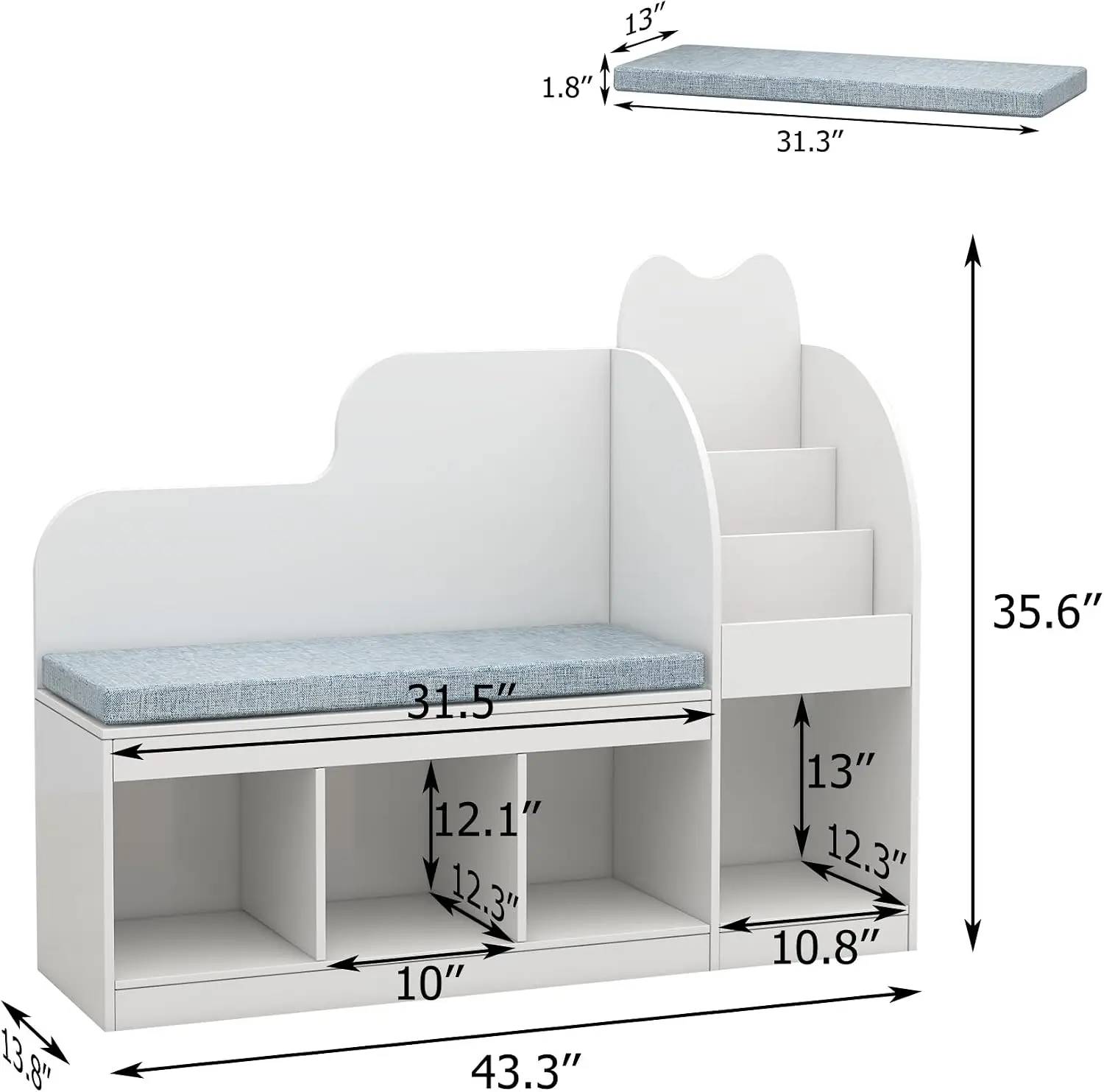 Kids Reading Nook Storage Cubes Cushion Bench Bookshelf Toy Multifunctional Living Room Kid Room Nursery White