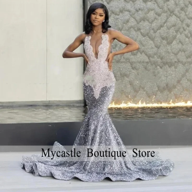 Personalizado prata sereia diamante vestido de baile 2026 preto meninas veludo africano feminino festa formatura vestido gala