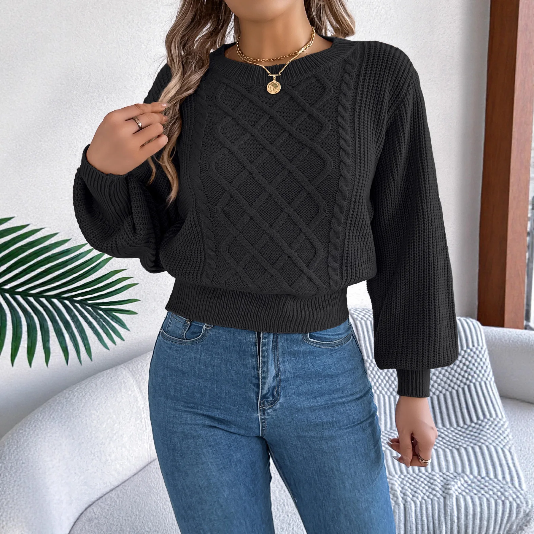 

2025 Autumn Winter Women's Sweater Tops Sweaters Women Solid Color Lantern Sleeve Long Sleeve Waist-cinched Pullover Sweater