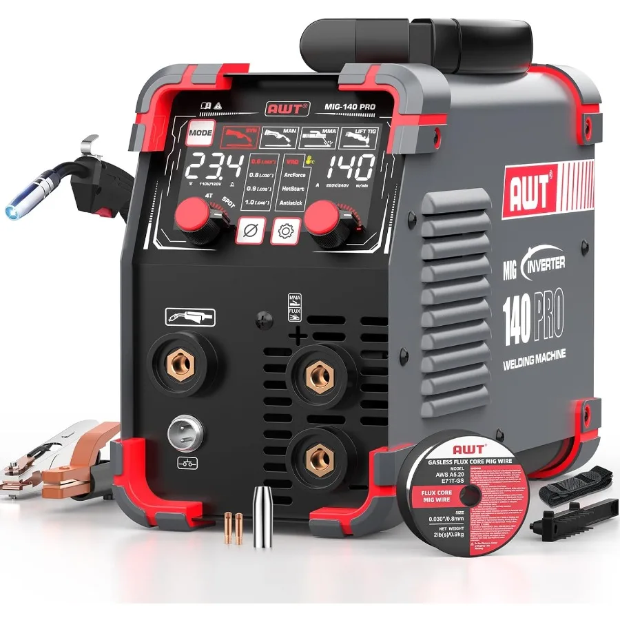 Portable 110V 140Amp MIG Welder with Digital Display and Synergy IGBT Inverter for Flux Core Stick and Lift TIG Welding 3-in-1