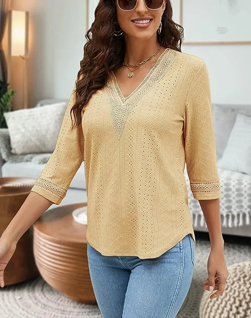 Fashion Gold Lace Trim V Neck Pullover Shirt Women Summer Solid Color Seven-quarter Sleeves Blouse Elegant Commuter Female Tops