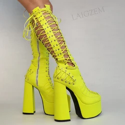 LAIGZEM Women Knee High Sandals Side Zip Up Pumps Shoes Lace Platform Cosplay Party Show Ladies Girls Shoes Woman Big Size 43 47
