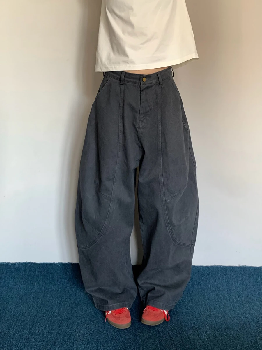 Retro American Washed Simple Silhouette Floor-Length Knife Pants Loose Casual Wide Leg Workwear Trousers for Men And Women