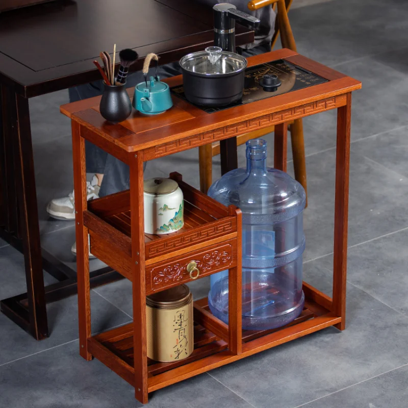 Solid wood mobile small tea table, side cabinet, tea table, balcony, office, kettle integrated