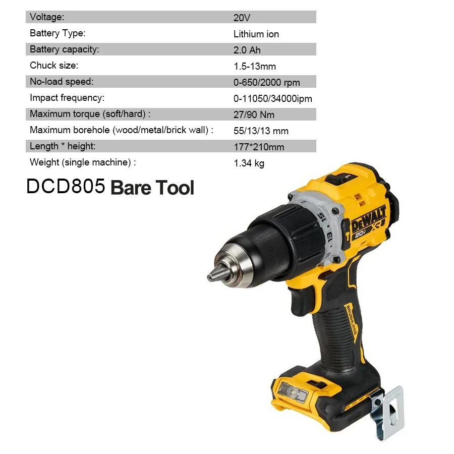 DEWALT DCD805 Original 20V MAX Brushless Cordless 1/2'' Electric Drill/Driver Hand-held Impact Hand Drill Bare Tool