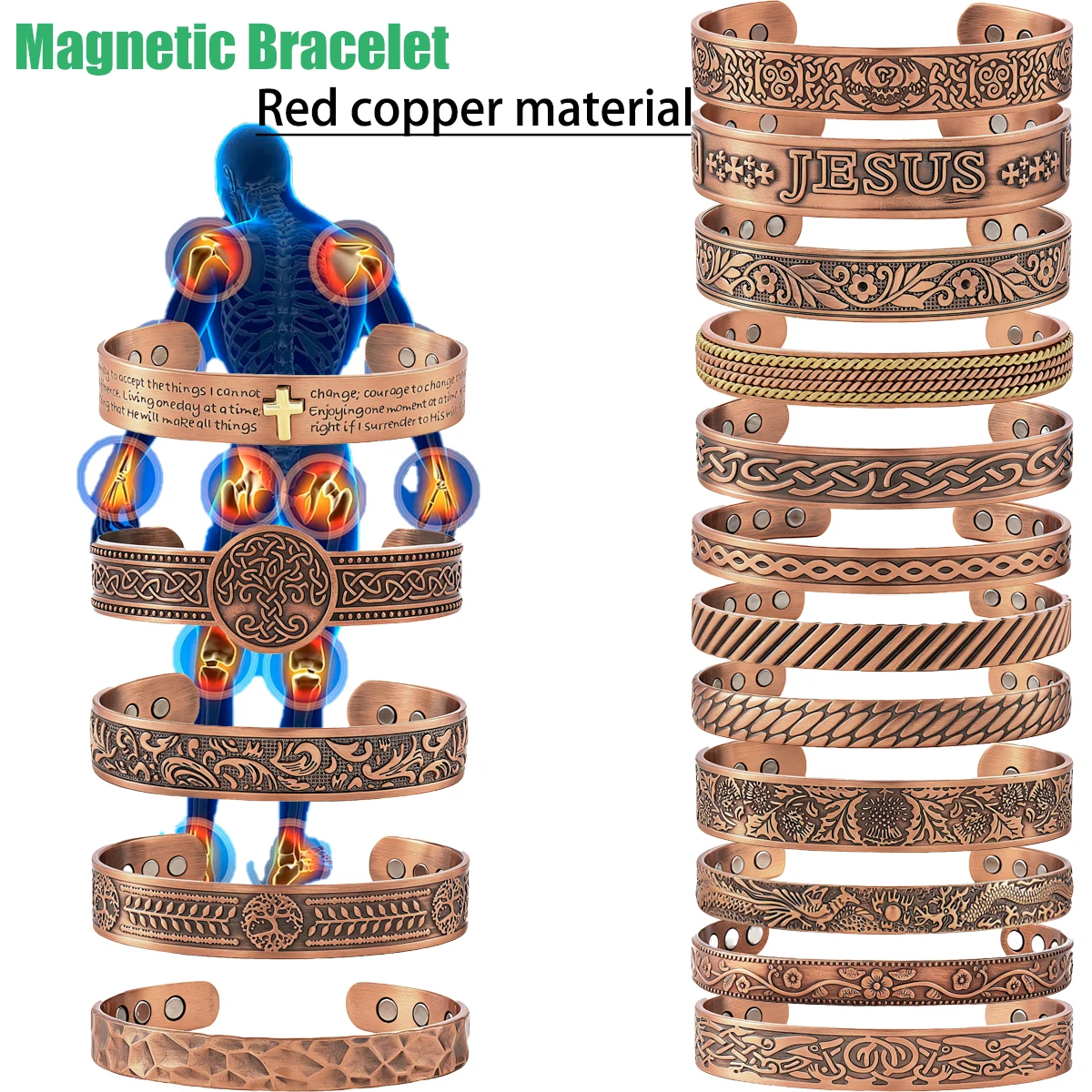 1pcs European and American Purple Copper Color Zinc Alloy Vintage Simple Double Ring Pattern Magnet Energy Bracelet
