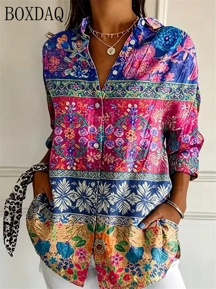 Ethnic Style 3D Printed Button Long Sleeved Lapel Women's Blouse, Casual Fashionable Women's Top, Daily Women's Autumn Shirt