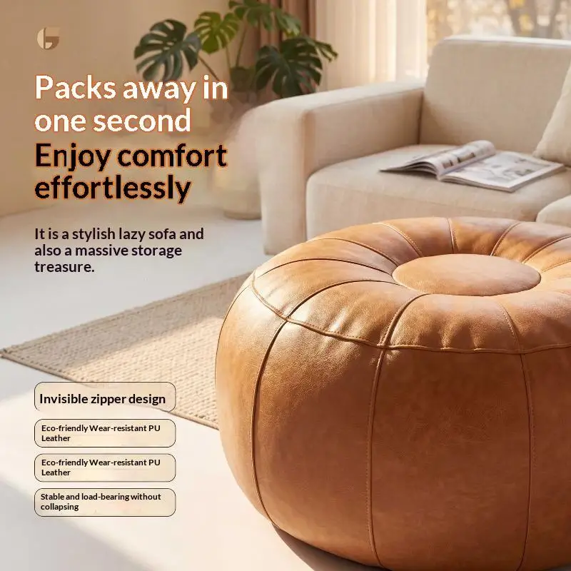 Large Capacity Unstuffed Round PU Leather Storage Leg Bench 1PC for Nursery Room Foot Rest & Storage