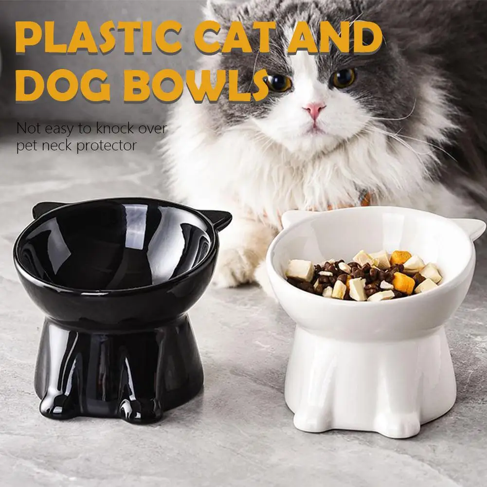 1PC NEW Elevated Cat Bowl Anti-Tip Plastic Raised Pet Feeding Dish with Tilted Edge Neck Protection Kitty Food Bowl Pet Supplies
