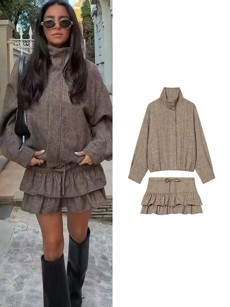  TFMLN Fall Winter Women Mini Skirt Set Fashion Stand Collar Simple Jackets Chic Tierred Bow Short Skirt Vintage Streetwear