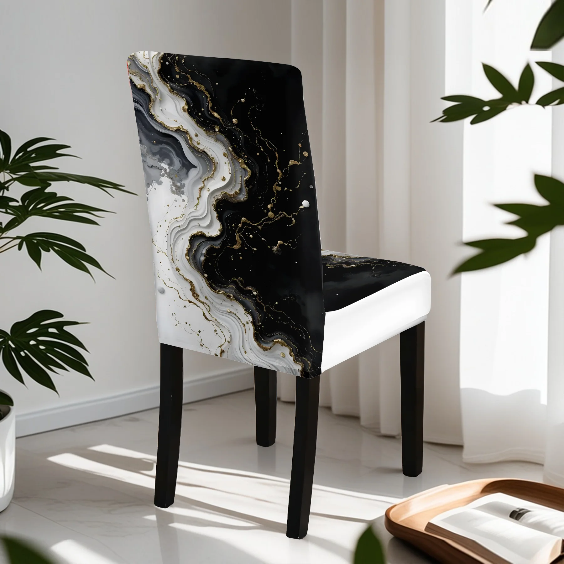 2026 New Elastic Full - Coverage Chair Cover, Black and White Gold Marble Pattern, Summer Outdoor & Indoor