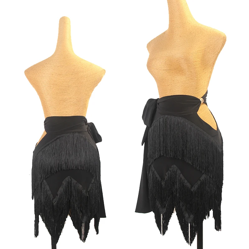 ZS Hollow out Belted Latin Dance กระโปรงไม่สมมาตรกระโปรงผู้หญิงพู่ f Body ผู้ใหญ่ชุดเต้นรํา