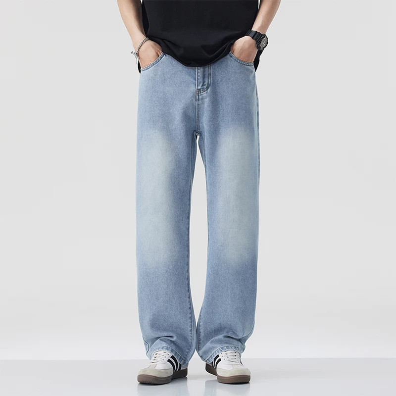 

2025 New Spring Summer Men's Straight Jeans Korean Fashion Elastic Waist Wide Leg Baggy Denim Pants Casual Blue Jeans Trousers