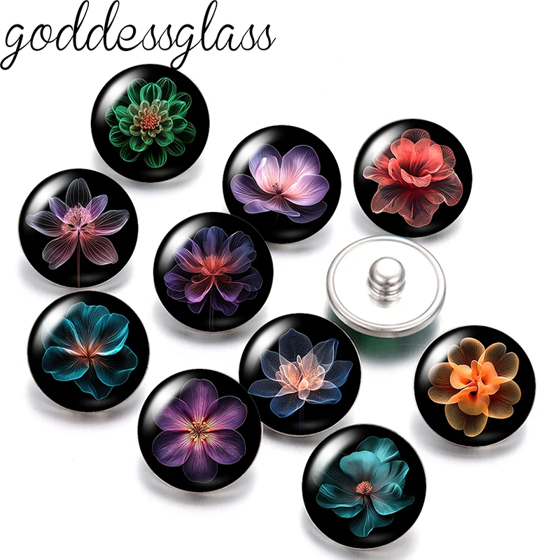 Transparent Petals Flowers Patterns Dark 12mm/20mm/25mm Round Photo Glass Cabochon Flat Back Making Findings DIY Snap Buttons