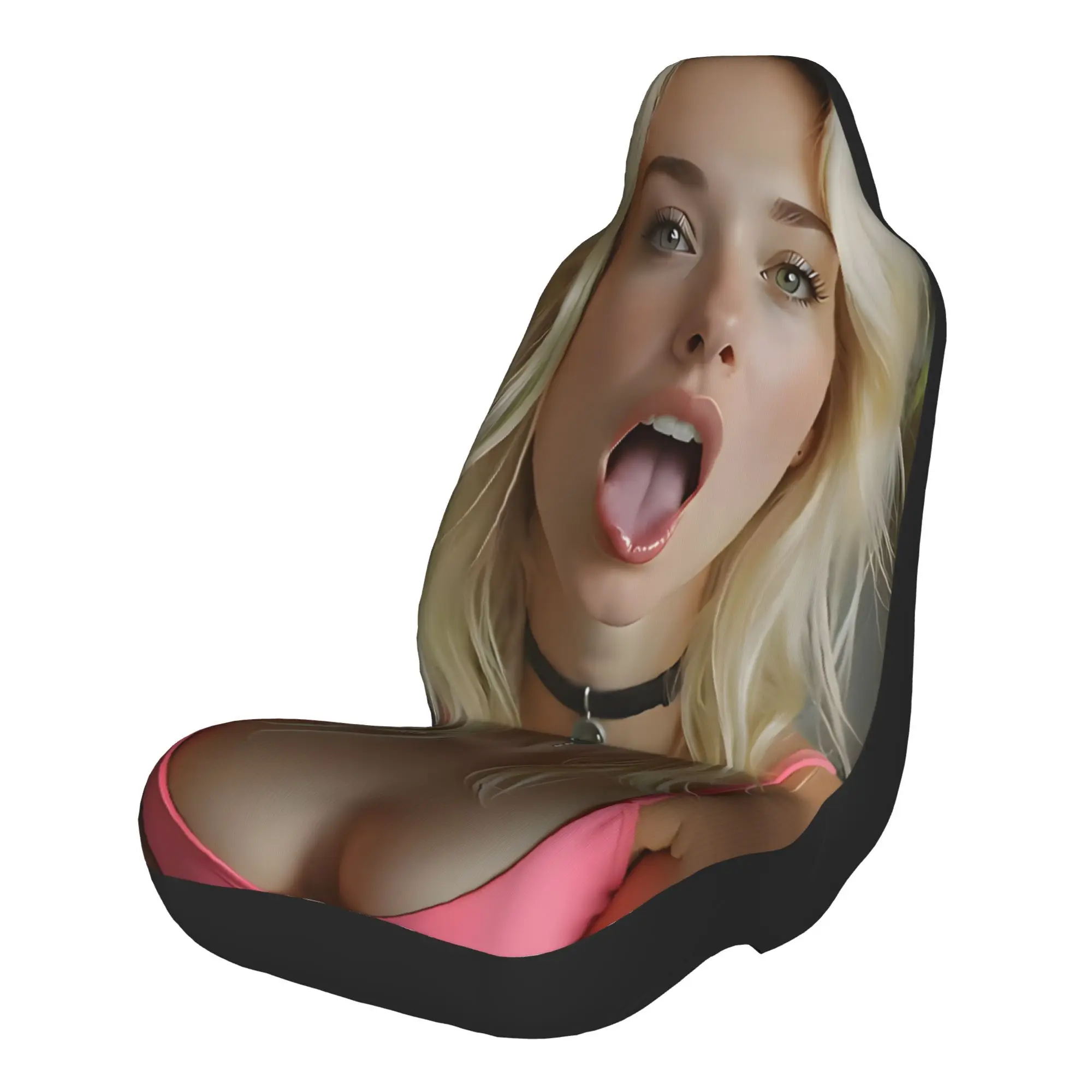 2pcs A Close-up Of A Blonde Woman With A Black Choker, Pink Top, And Playful Tongue Out In A Cozy Room.Car Seat Covers, Suitable
