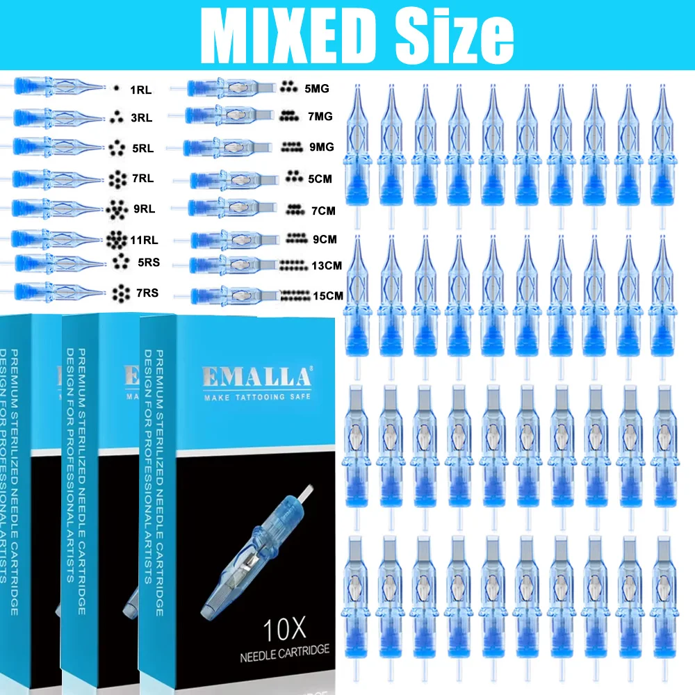

Mixed EMALLA Eliot Tattoo Cartridge Needles Mixed Size RL RS CM MG Sterilize Tattoo Permanent Makeup Cartridge Machine Needles