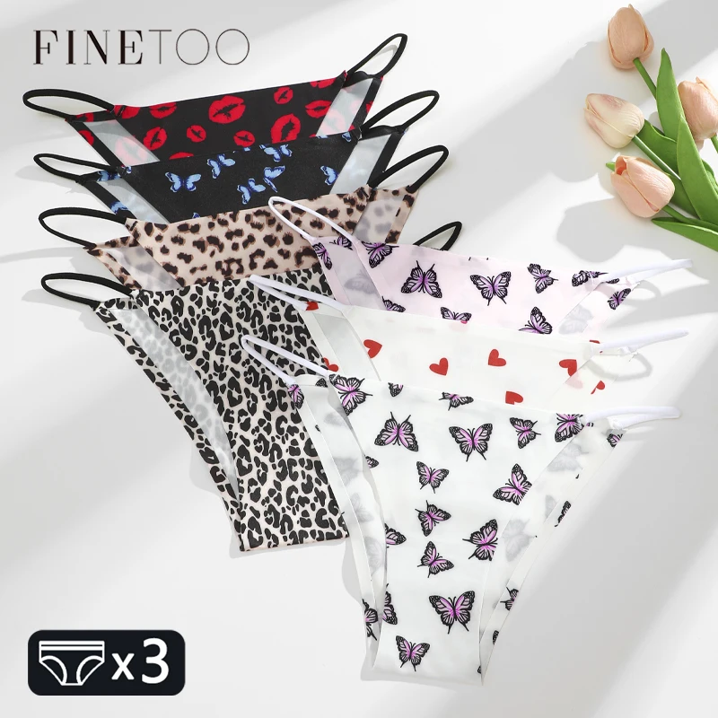 FINETOO 3Pcs Seamless Silk Leopard Underwear Women\'s Panties Flower Butterfly Sexy Brief Female Low-waist Stretch Lingerie XS-XL