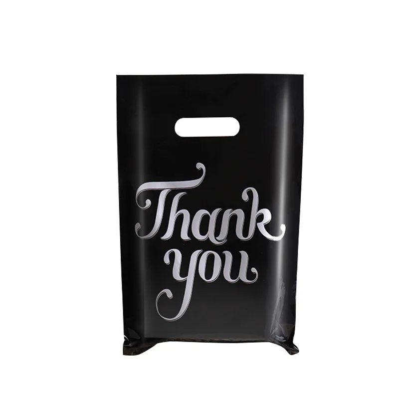 Plastic Thank You Packaging Bags for Small Business Black Gift Bag with Handle Thickened Glossy Surface 25PCS/50PCS