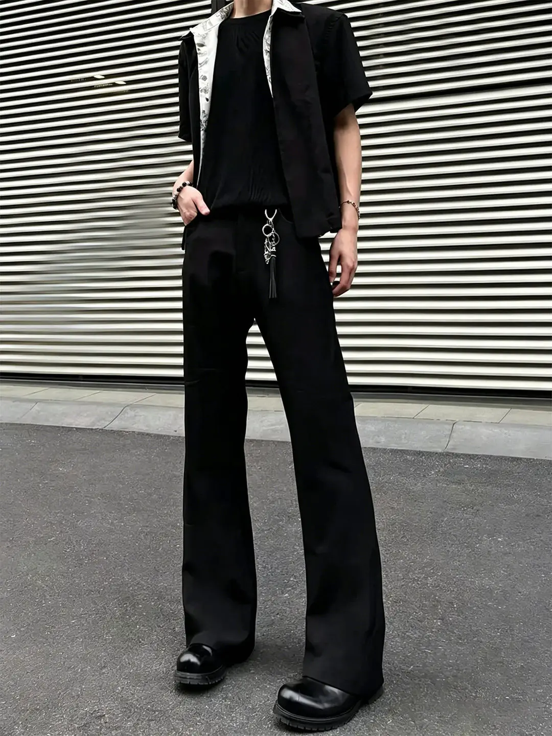Black Ice Silk Bell Bottom Straight Leg Small West Pants Men's Slimming Trousers Lightweight Luxury Drapey Suit Pants