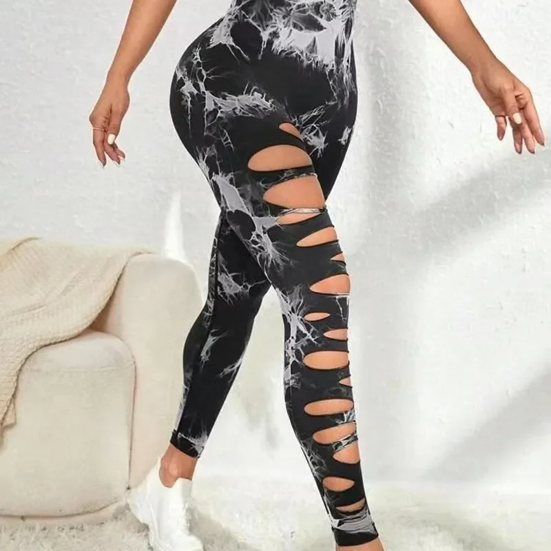 

Seamless Tie Dyed Hollowed Out Yoga Pants High Waist Quick Drying Sport Leggings Tight Lifting Hip Fitness Gym Leggings