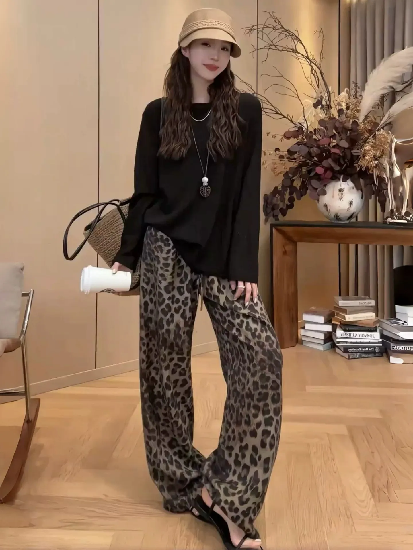 Slim Fit High Waist Wide Leg Pants Casual Leopard Print Elastic Straight Cut Long Trousers Fashionable Spring Summer Ladies