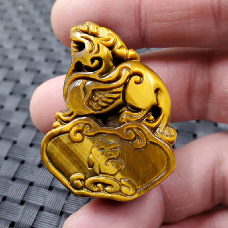 Jade Crafts Yellow Crystal Pi Xiu Pendant Tigereye Ruyi Pi Xiu Pendant Double-Sided Carving Jade Pendant Pendant