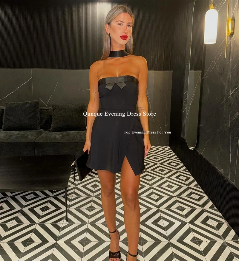 Qunque Elegant Mini Prom Dress Customized Formal Occasion Gowns Sleeveless Black Vestidos De Fiestas Elegantes Mujer With Bow