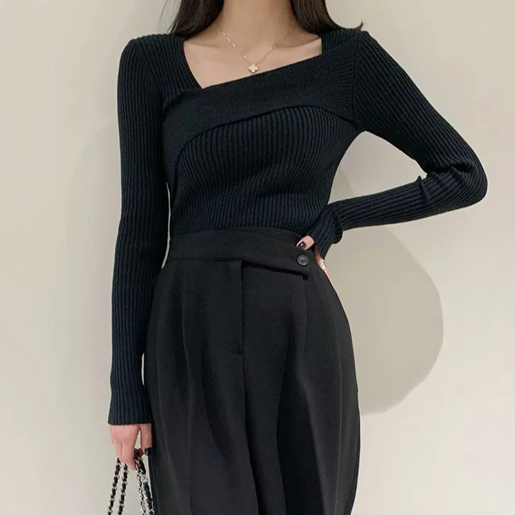 

Chic Design Women's Knitted Sweater Casual Slim Fit Side V-Ne Long Sve Top Comfortable Leisure Sle Faionable Base irt