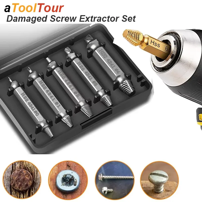 5Pcs Broken Screw Extractor Kit, Hex Shank Reverse Drill Bits for Removing Stripped Damaged Bolts with Storage Box