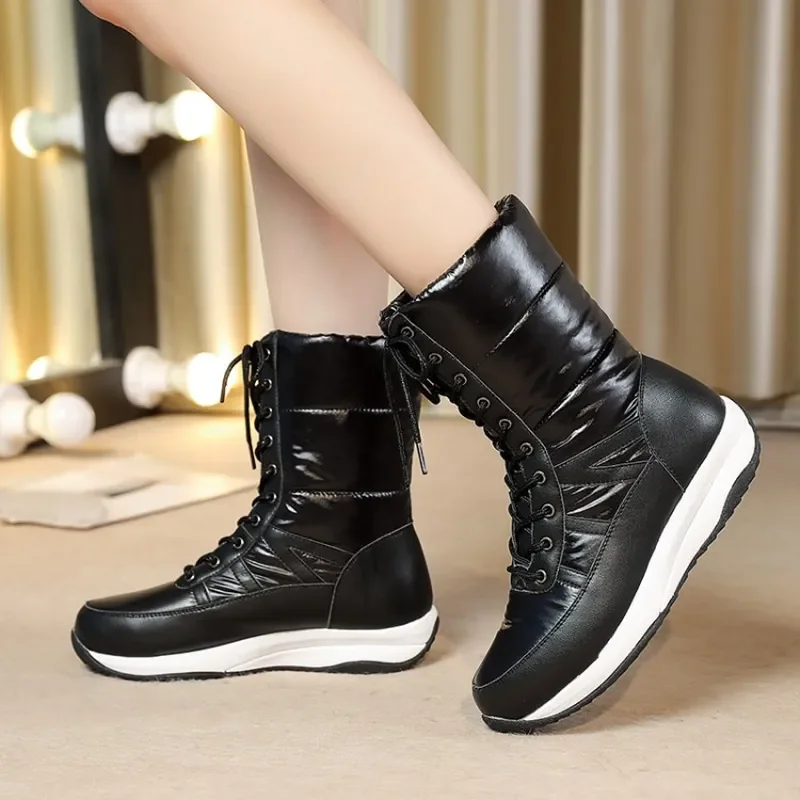 Women Winter Snow Boots Thick Sole Mid Calf Warm Plush Lined Non Slip Cotton Shoes Comfortable Middle Aged Elderly Mother
