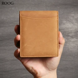 ROOG-Carteira curta de couro genuíno masculina, estilo cavalo louco, slots multi-cartões, grampo de dinheiro, porta-moedas, premium