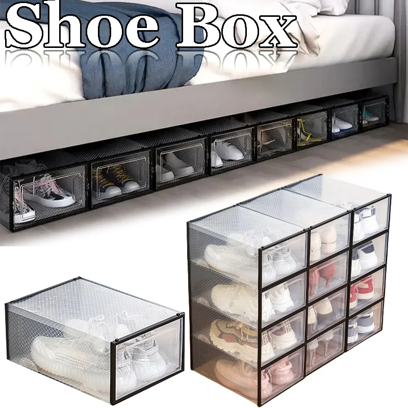 Transparent Thick Plastic Shoe Box Flip Cover Storage Drawer Shoe Cabinet Foldable Space Saving Rack for Organizing Footwear