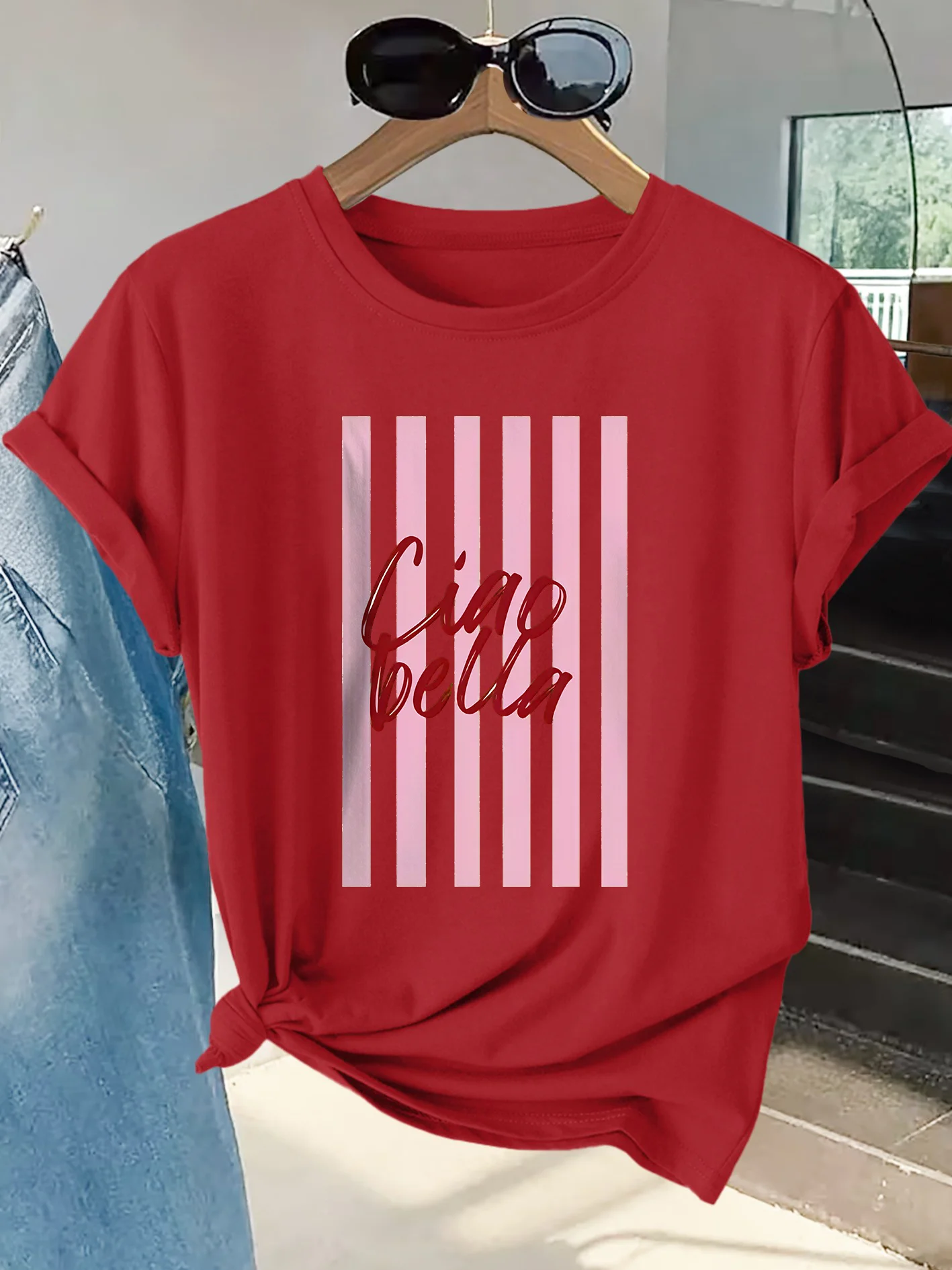 Women's Short Sleeved T-shirt Top Ciao Bella Striped Printed Round Neck Women's Clothing Daily Fashion Casual Women's Tops