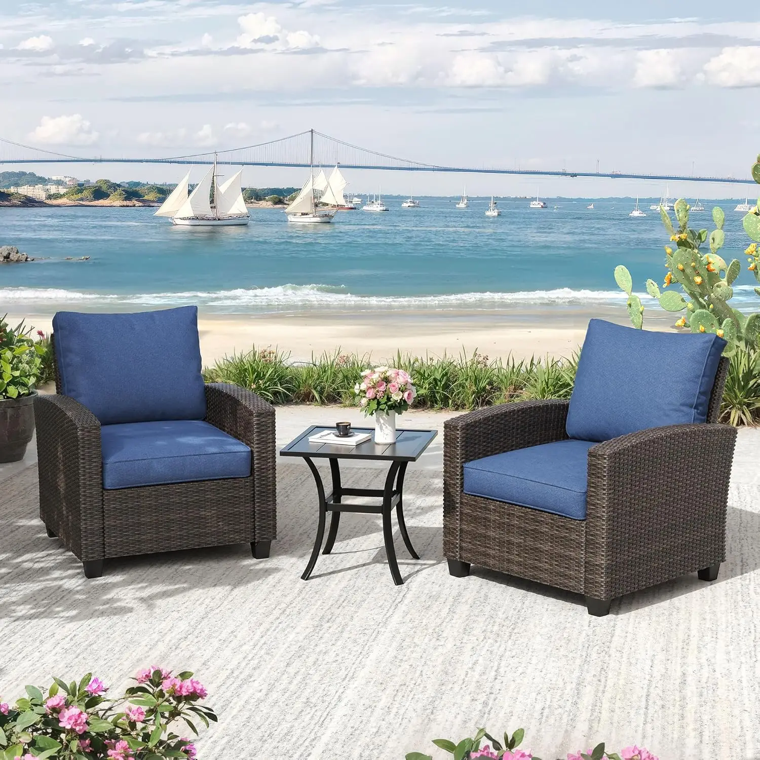 *u-3 Pieces Wicker Outdoor Furniture Set, PE Rattan Patio Conversation Set With 2 Single Chairs, Metal Side Table For