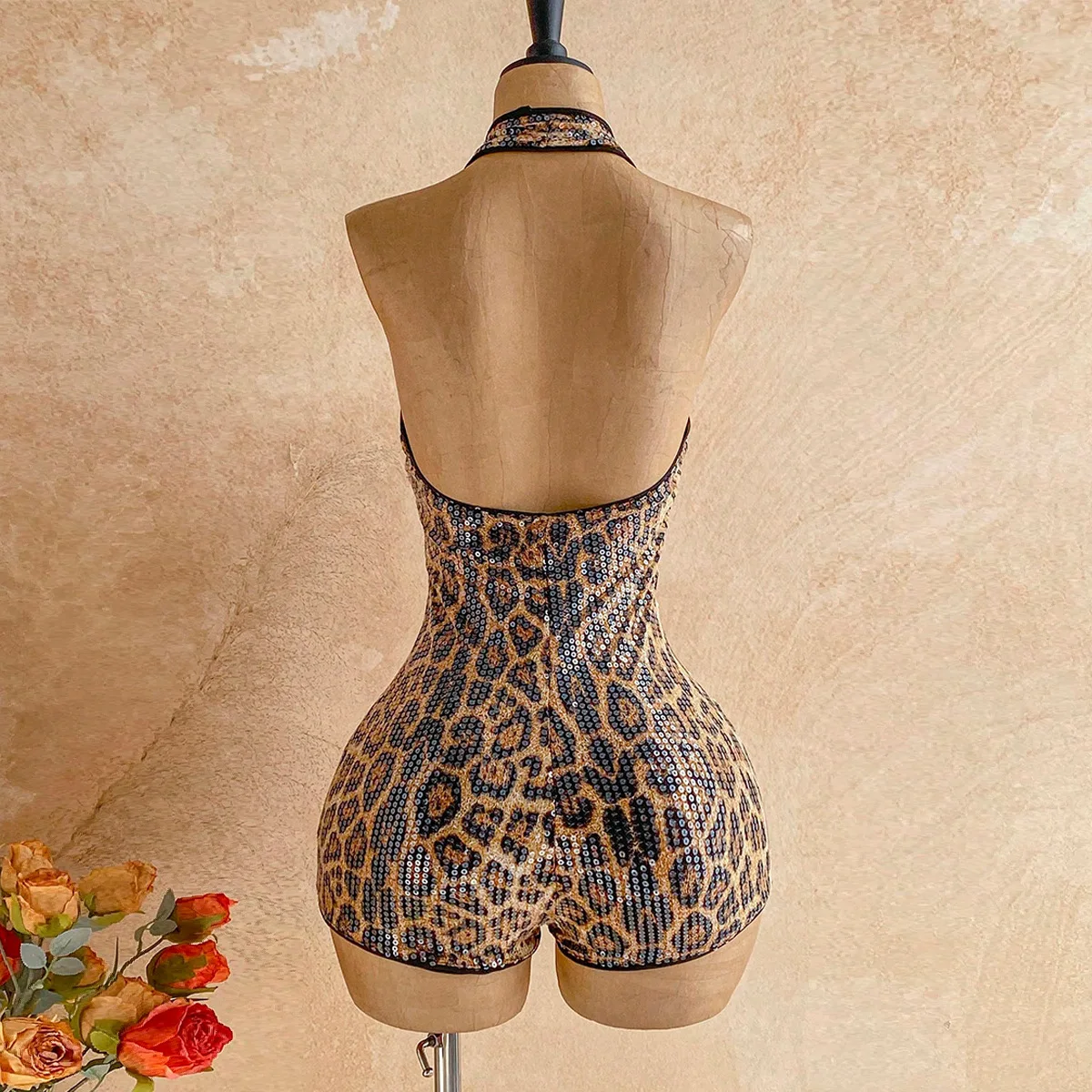 Leopard Print Sequins Skinny Playsuits Women Sexy Metal Ring Deep V-neck Halter Backless Booty Lifting Slim Night Club Rompers