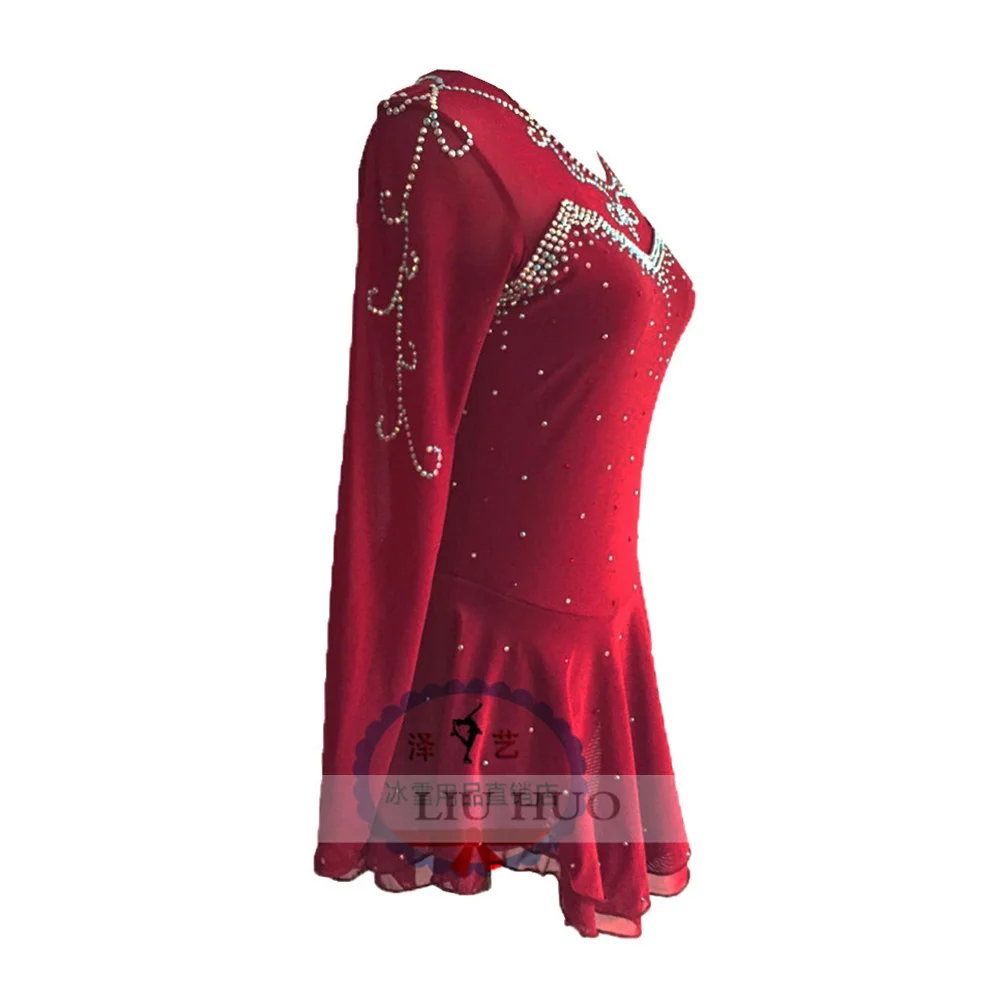 LIUHUO Women Girl Adult Performance Ballet Roller Costume Competition Leotard Skirt Ice Figure Skating Dress Teen Red Wine Dance