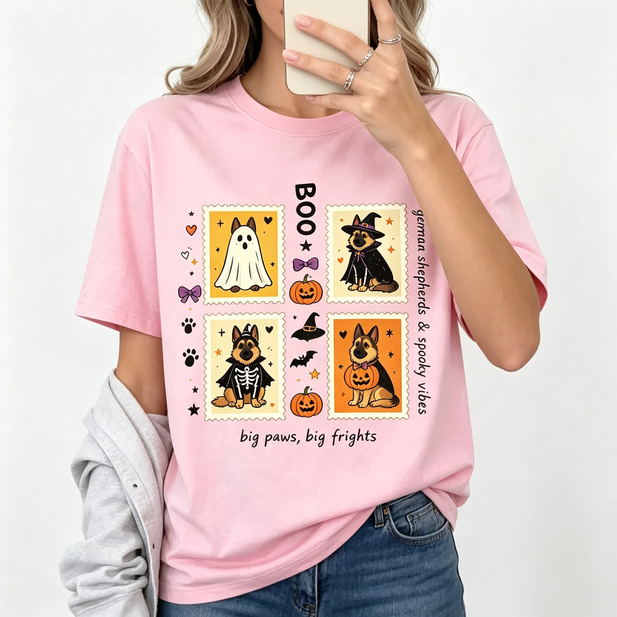 Women's Halloween German Shepherd Stamp Grid Boo Ghost Pumpkin Graphic T Shirt Big Paws Big Frights Short Sleeve Casual Tee