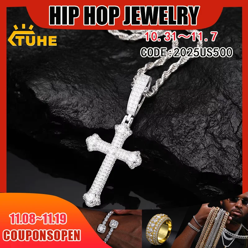 TUHE Unisex S925 Cross Pendant Necklace Iced Out Moissanite Gold Silve...