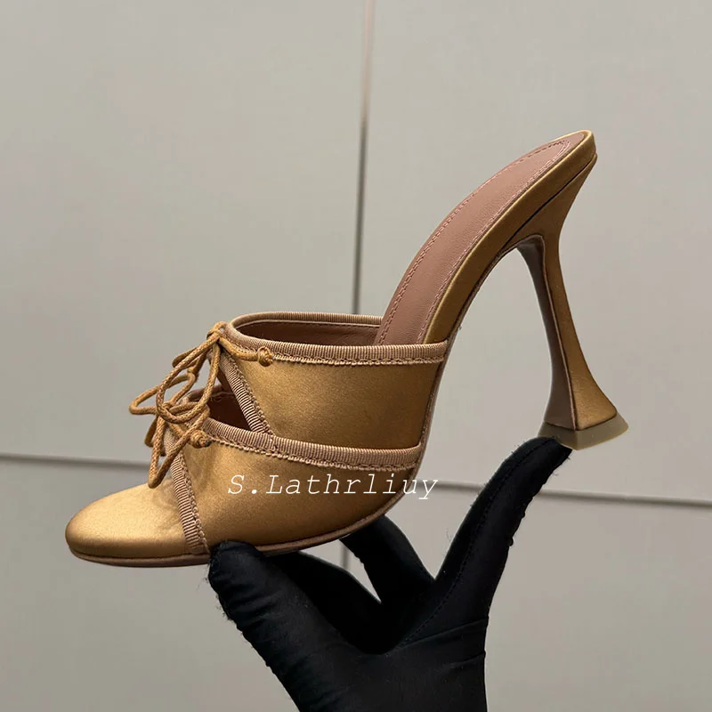 Summer new satin bow decoration hollow design office high heels commuting sandals solid color fashion party high heels slippers