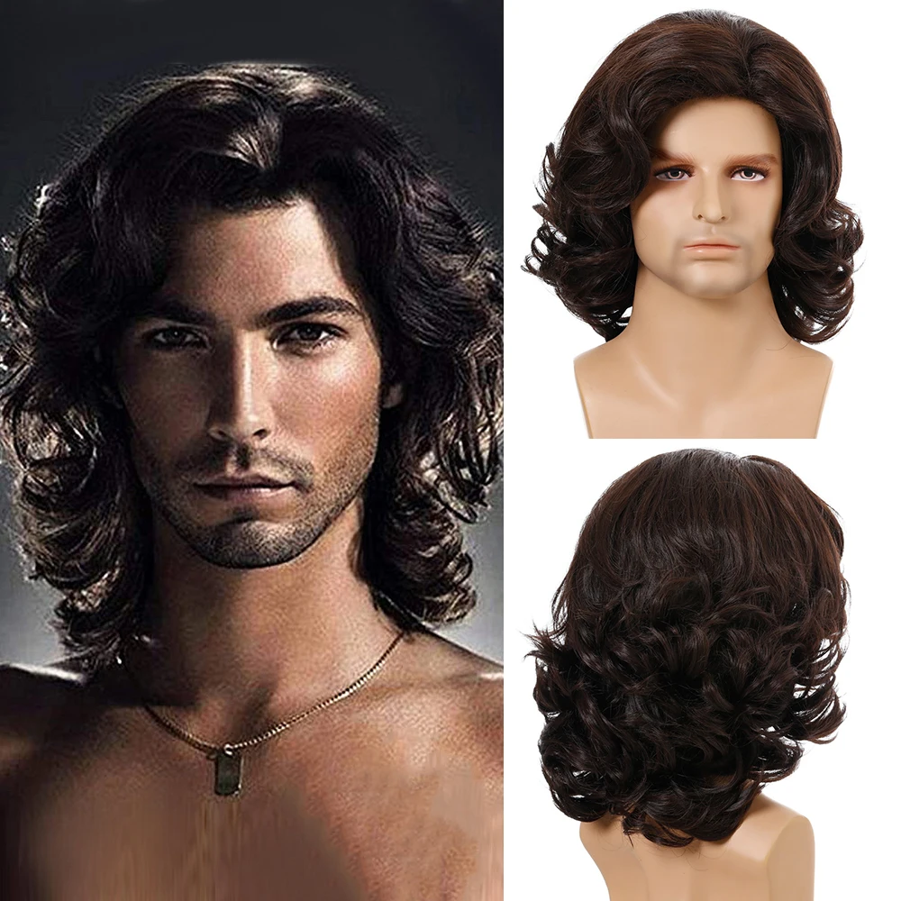 Long Synthetic Curly Wave Wigs Dark Brown Fluffy Wig With Bangs For Men Daily Cosplay Use Heat Resistant Fiber Wigs