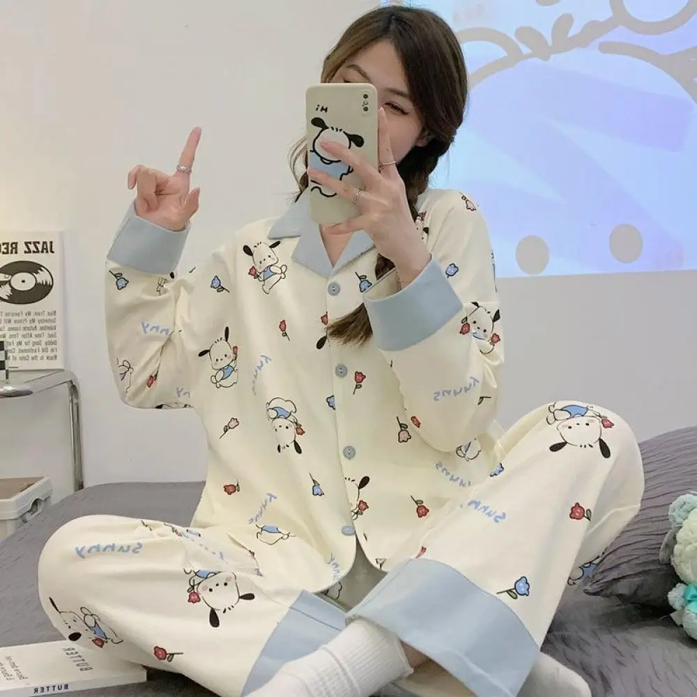 Anime Sanrioed Pochacco Girls Autumn Pajamas Suit Cartoon Woman Cotton Long Sleeves Pants Loose Homewear Suit Loungewear Suit