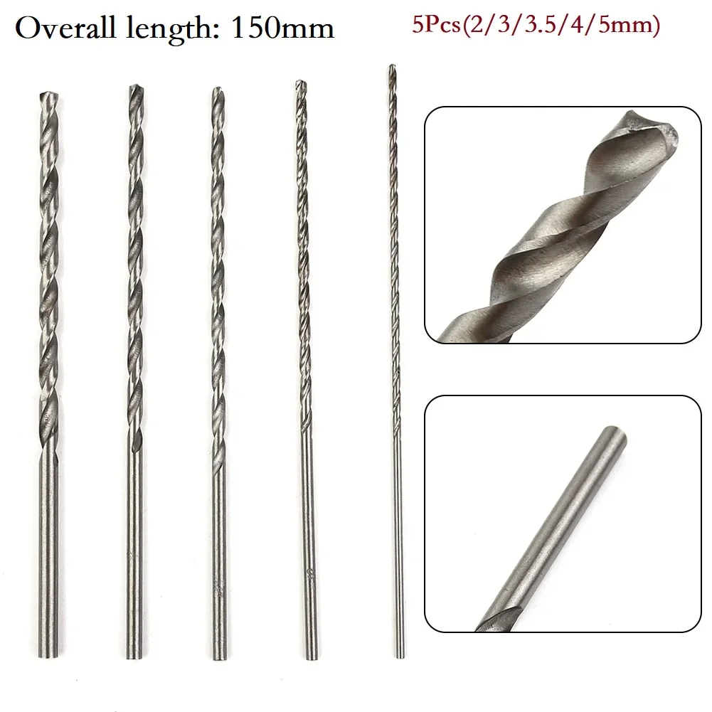 5Pcs Extra Long HSS High Speed Steel 150mm Drill Bit Set 2mm/3mm,3.5mm,4mm,5mm Bits For Wood, Aluminum, Plastic